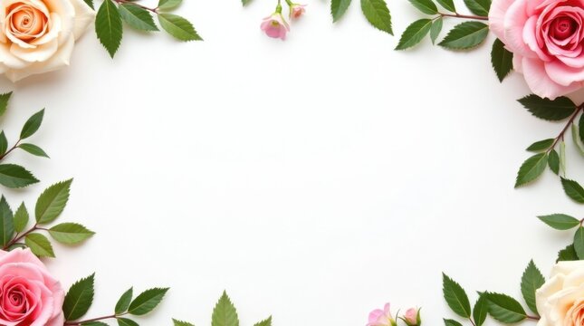 Marco floral que decora &uacute;nicamente las cuatro esquinas de un fondo blanco, con rosas y follaje