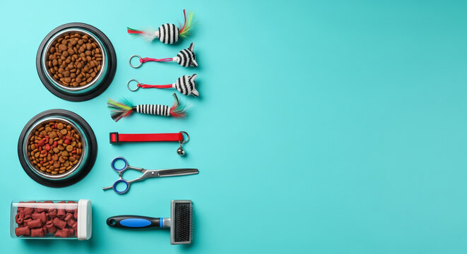 Pet supplies including food bowls, toys, collar, grooming brush, and scissors on a turquoise background, representing pet care and accessories, with free space for text