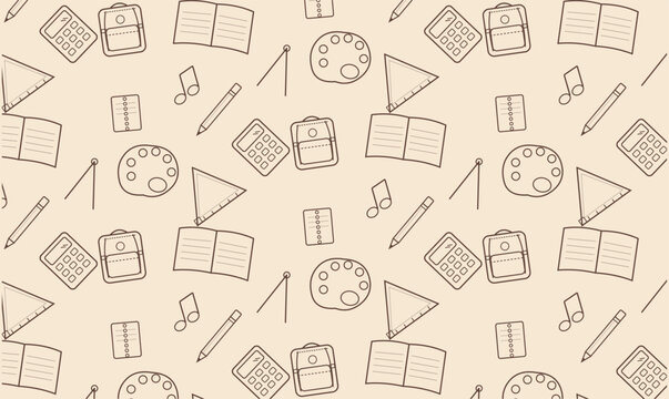 Hand drawn school supplies seamless pattern, vintage education background with doodle stationery icons, beige academic vector wallpaper
