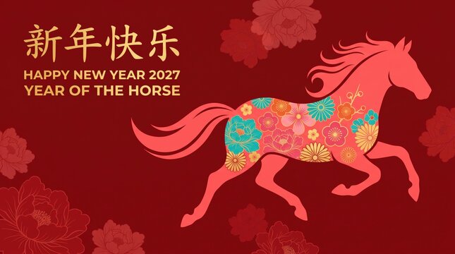 Chinese New Year 2027 Year of the Horse banner, festive red background with floral galloping horse, traditional lunar new year greeting card