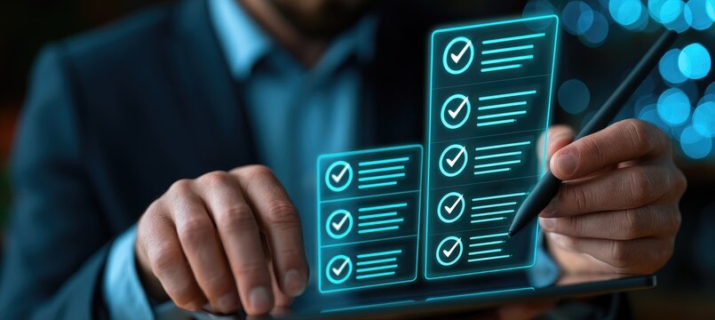 Businessman interacting with a futuristic holographic checklist interface, symbolizing task management and digital organization.