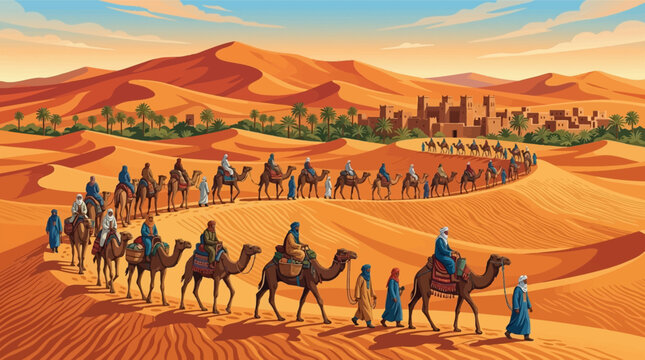 Vector illustration of a long camel caravan crossing the Erg Chebbi sand dunes in the Sahara Desert toward a traditional Moroccan kasbah and palm oasis at sunset.