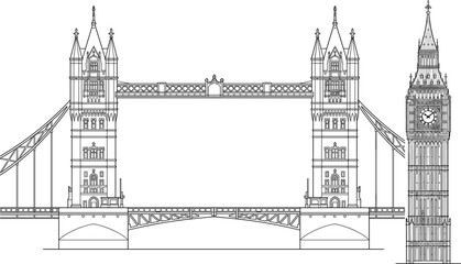 Obraz premium Detailed black and white line art illustration of iconic London architecture featuring Tower Bridge and Big Ben.