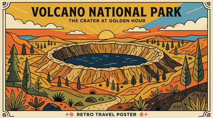 Volcanic crater landscape retro poster © Stok