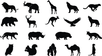 Obraz premium Wild Animal Silhouette Collection Featuring Safari, Forest and Jungle Mammals, Birds and Wildlife Black Vector Icon Set