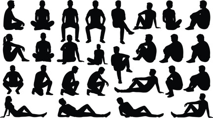 Large collection of isolated black silhouettes featuring people sitting, crouching, relaxing, and lying down in various poses. © Sirajul