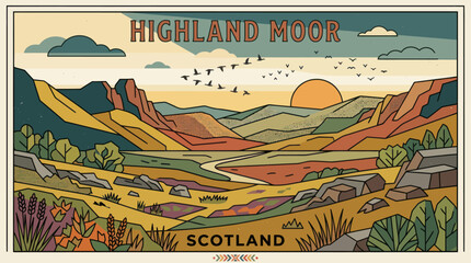 Vibrant highland moor landscape illustration © ADIT