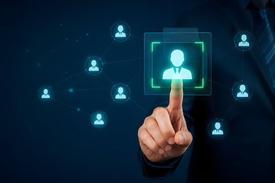Corporate social networking concept with businessman connecting virtual professional contacts.