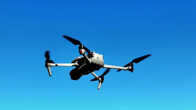 Drone flying against a clear blue sky showcasing its rotating propellers and sleek design features