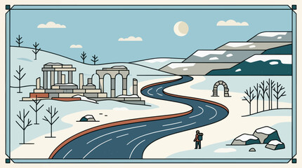 Winter landscape with ancient ruins and road © EBODA