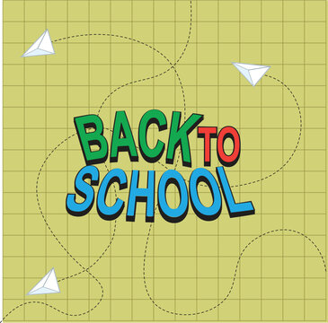 Back to school vector illustration, colorful typography on yellow grid paper background, educational banner with paper planes and dotted flight paths