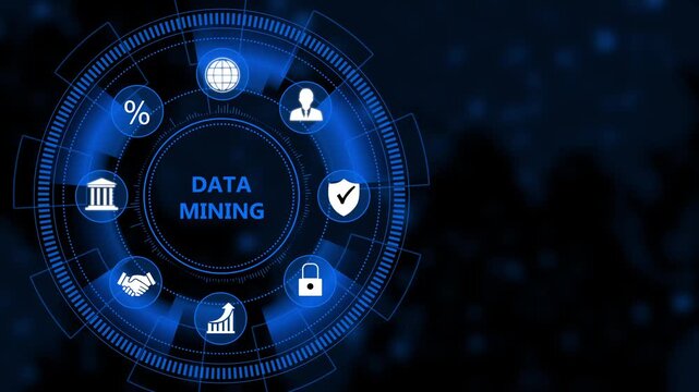 Data mining concept with digital hud interface and business blue tech background, for analytics and, big data technology presentation