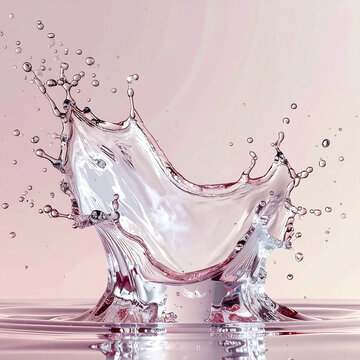 Dynamic pink liquid splash forms a crown on a clear surface with airborne droplets. Perfect for beauty concepts evoking freshness and purity, with no people in the studio shot.