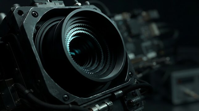 Close up of a professional cinema camera lens with intricate mechanical details and futuristic design, cinematic production equipment, advanced technology, dark background