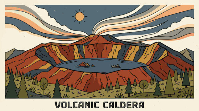 Volcanic caldera with lake and smoke