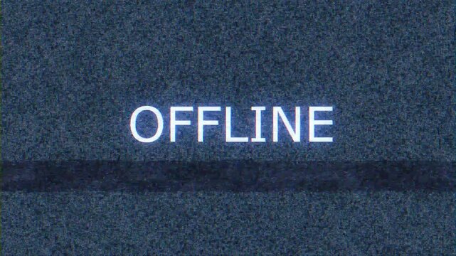 Blue noise offline text visual heavy digital grain, VHS style distortion, centered message. tech failure clips, internet outage explainers, alert screens, retro media, and glitch motion graphics.