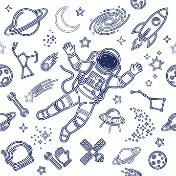 Astronaut and Cosmic Elements Seamless Pattern. Outline Space Icons with Planets, Stars, Rockets, and Galaxy on White Background.