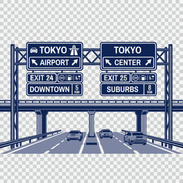 Detailed Overhead Highway Road Signs Vector Illustration with Directions to Airport, City Center, Downtown, and Suburbs