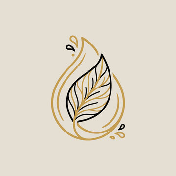 Minimalist line art illustration of a leaf within a water droplet. Symbol for natural, organic, wellness, eco-friendly, and pure products.