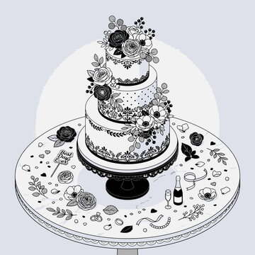 Beautiful monochromatic three-tiered wedding cake illustration with elegant floral decorations and romantic celebration details.