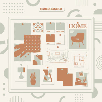Modern interior design mood board illustration with fabric swatches, color palettes, home decor concepts, and styling inspiration.