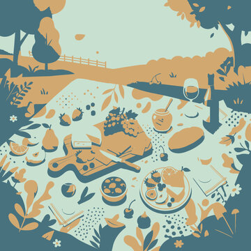 Leisurely Outdoor Picnic Scene with Gourmet Cheese Board, Fresh Fruit, Wine, and Bread in a Nature Setting Flat Illustration