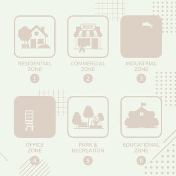 City Planning Zones Illustration: Residential, Commercial, Industrial, Office, Park, and Educational Area Icons. Urban Development Concept.