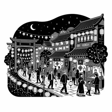 Detailed black and white illustration of a lively traditional East Asian night market at night with people, lanterns, and classic buildings.