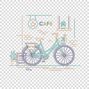Charming bicycle parked outside a quaint cafe, minimalist flat line art vector illustration with pastel colors on transparent background