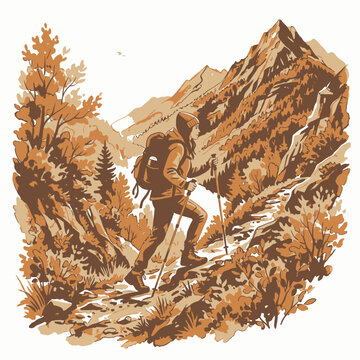 Scenic mountain hike illustration with backpacker and trekking poles ascending a rugged path in nature and wilderness.