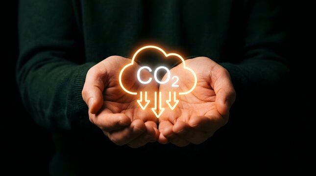 A person holding a glowing neon cloud icon representing carbon dioxide reduction and environmental sustainability in their cupped hands