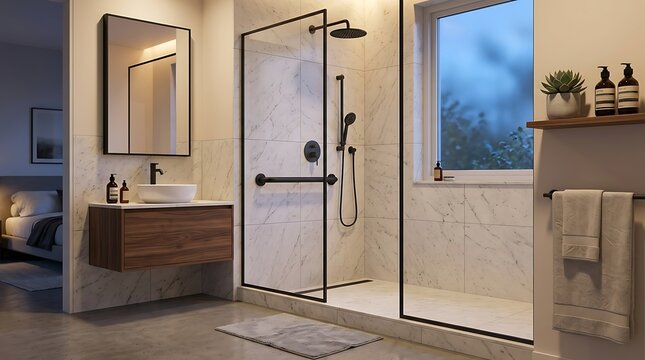 Elegant open-plan accessible bathroom showcasing curbless walk-in wet room shower, matte black hardware fixtures, warm ambient recessed ceiling lighting and tactile material finishes throughout