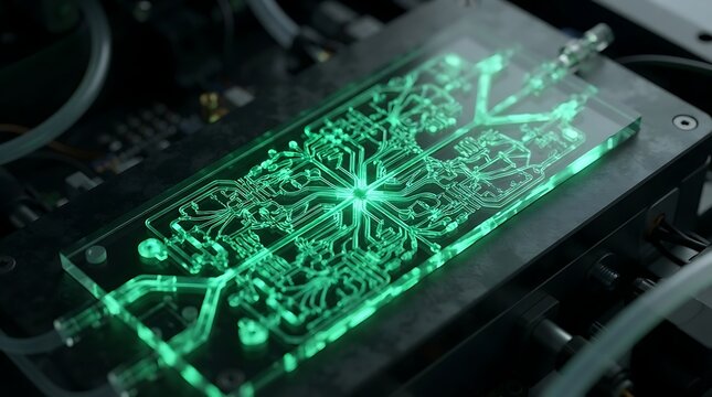 Advanced microfluidic chip with glowing green channels for biological research and scientific discovery, high tech laboratory equipment
