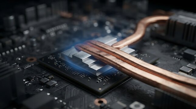 Close up of a computer processor chip with copper cooling pipes and glowing blue light, representing advanced technology and powerful computing.