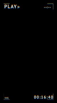 Retro VHS play overlay background white pixel text, timer display, corner guides, black empty space. for vintage edits, analog videos, flashback scenes, media intros, and glitch motion overlays.