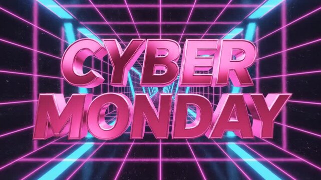 Cyber Monday text in neon 80s retro synthwave tunnel