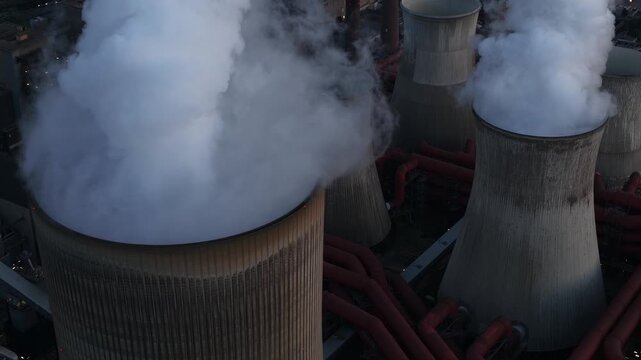 Aerial view of Power Plant Niederausem in Germany at dusk, showing a massive fossil fuel station with smoking cooling towers and industrial energy infrastructure.