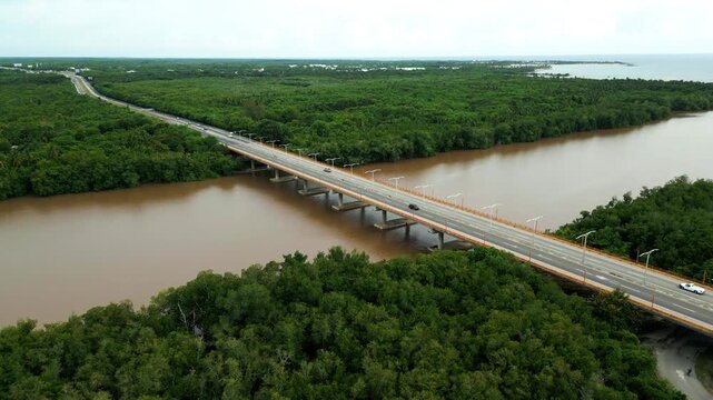 Aerial view of the Rio Soco bridge spanning a wide river surrounded by lush green mangroves with cars driving across the highway in San Pedro de Macoris, San Pedro de Macoris, Dominican Republic.
