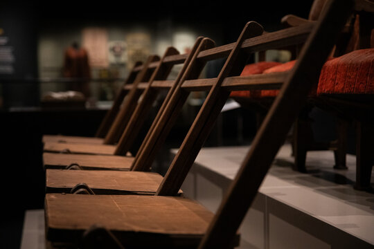 Row Wooden Chairs Museum Exhibit Display