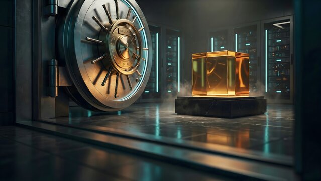 Digital vault chamber opening to glowing golden cube concept 3d &ndash; Ideal for financial security, blockchain technology, or data protection themes