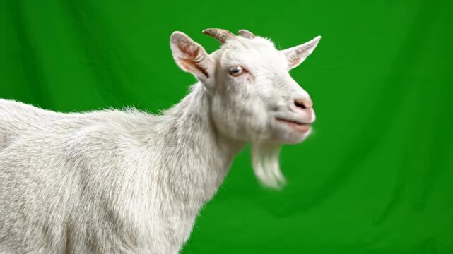 White Goat on Green Screen: A close-up portrait of a white goat with a beard and horns, looking forward with a subtle smile on a green screen background.