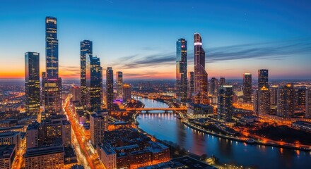 Naklejka premium Modern illuminated city skyline with skyscrapers and river at dusk.