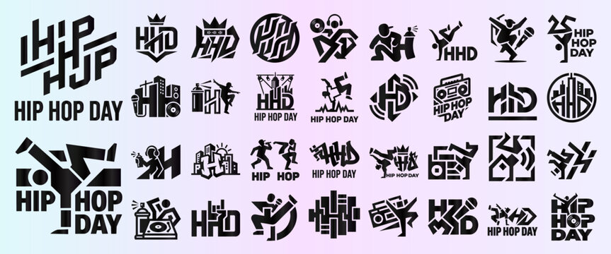 Urban Hip Hop Day Vector Logo Set with DJ and Street Dance Icons