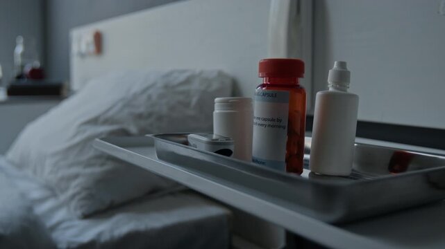 Prescription pill bottles and pulse oximeter sitting on metal tray next to empty hospital bed. Footage for healthcare marketing, pharmaceutical ads, or medical insurance campaigns