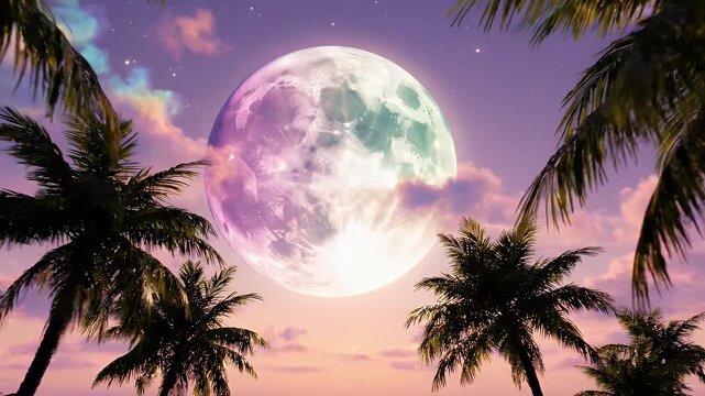 Surreal Tropical Moonrise Palm Trees