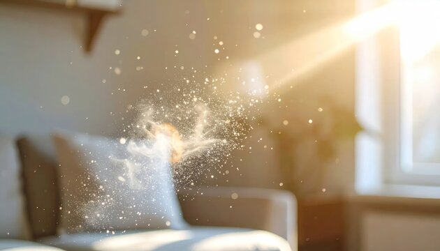 Sunbeams and floating dust motes over a living room sofa.