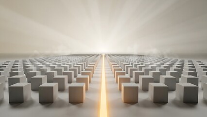 Fototapeta premium Glowing pathway through symmetrical white blocks perspective 3d render – Great for leadership path, goal orientation, or strategic planning