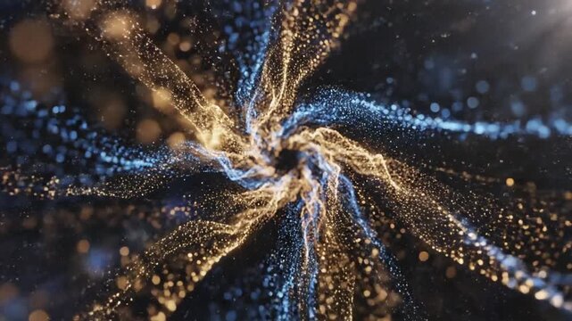 Cosmic Swirl of Light Particles: A mesmerizing abstract visualization of swirling golden and blue light particles, creating a dynamic vortex reminiscent of a nebula or galaxy formation.