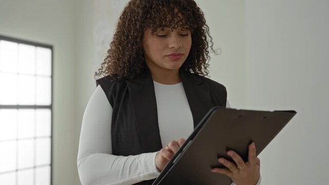 Woman holding clipboard, tapping and reading document in modern empty building interior; focused evaluation.