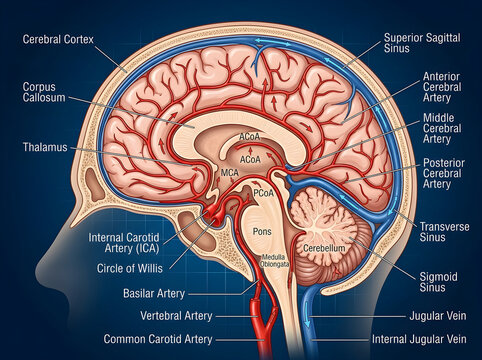 Human brain diagram with arteries labeled